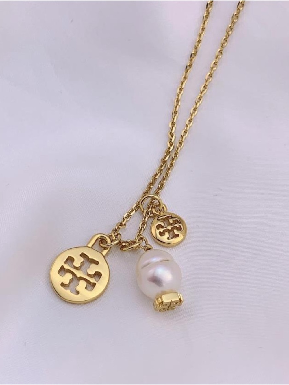 Tory Burch Gold Logo Necklace with Pearl Charm